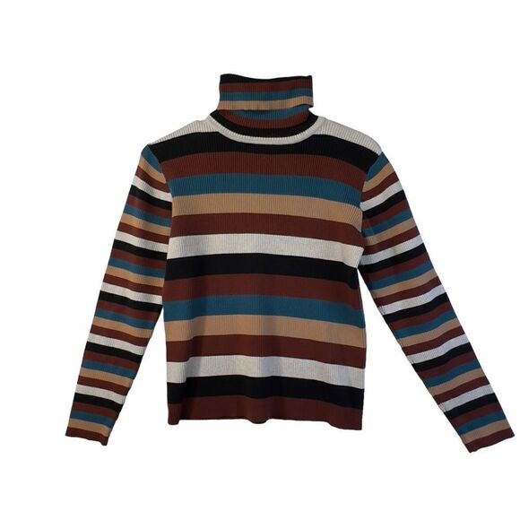 Vintage Sweaters - Vintage (r)elativity Striped Turtleneck Sweater Medium Black Rust Beige